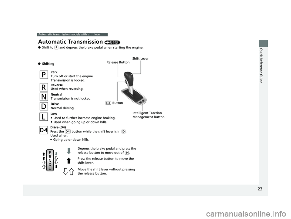 HONDA PILOT 2018 (in English) Owners Guide 23
Quick Reference Guide
Automatic transmission models with shift lever
Release Button
Depress the brake pedal and press the
release button to move out of
( P.
Move the shift leve r without pressing HONDA PILOT 2018 (in English) Owners Guide 23
Quick Reference Guide
Automatic transmission models with shift lever
Release Button
Depress the brake pedal and press the
release button to move out of
( P.
Move the shift leve r without pressing
