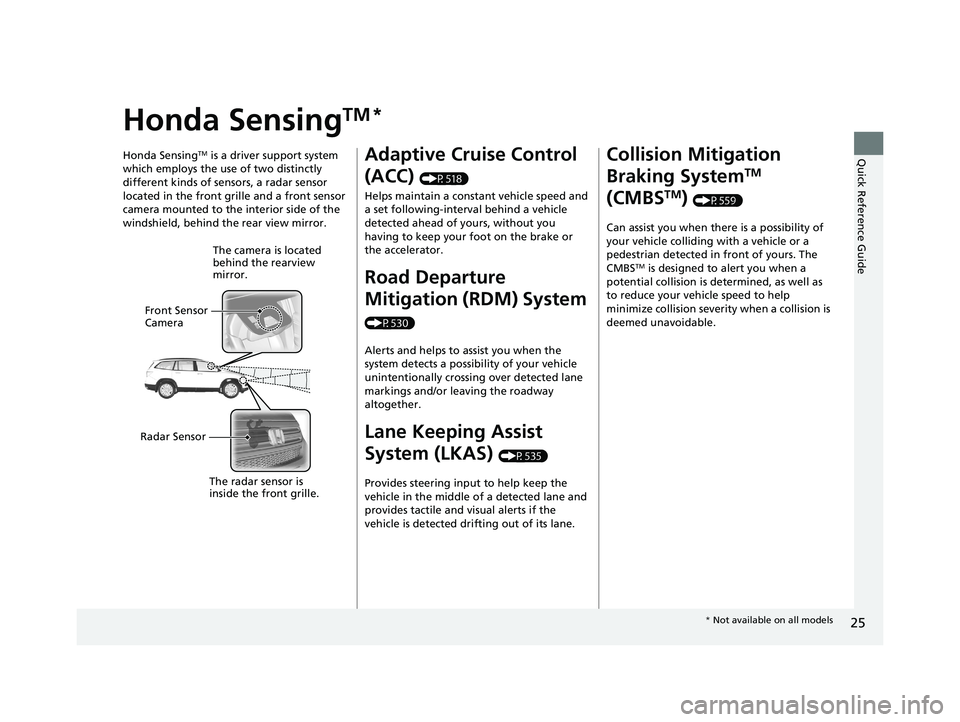 HONDA PILOT 2018 (in English) Owners Guide 25
Quick Reference Guide
Honda SensingTM *
Honda SensingTM is a driver support system
which employs the use of two distinctly
different kinds of sensors, a radar sensor
located in the front grille HONDA PILOT 2018 (in English) Owners Guide 25
Quick Reference Guide
Honda SensingTM *
Honda SensingTM is a driver support system
which employs the use of two distinctly
different kinds of sensors, a radar sensor
located in the front grille