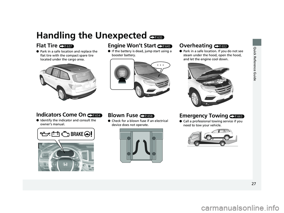 HONDA PILOT 2018 (in English) Owners Guide Quick Reference Guide
27
Handling the Unexpected (P635)
Flat Tire (P637)
● Park in a safe location and replace the
flat tire with the compact spare tire
located under the cargo area.
Indicators Co HONDA PILOT 2018 (in English) Owners Guide Quick Reference Guide
27
Handling the Unexpected (P635)
Flat Tire (P637)
● Park in a safe location and replace the
flat tire with the compact spare tire
located under the cargo area.
Indicators Co