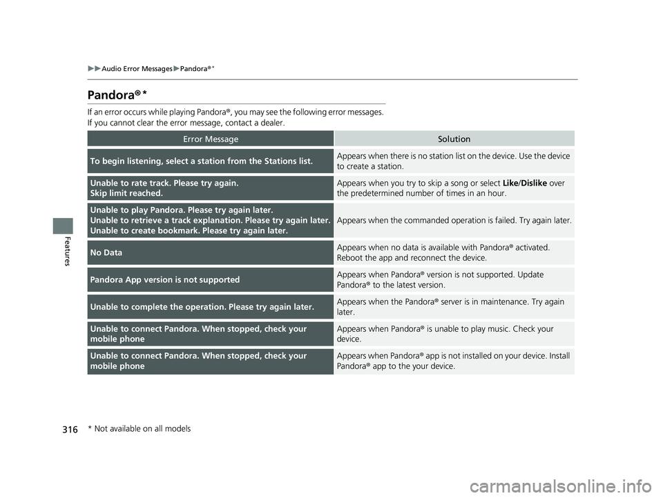 HONDA PILOT 2018 Owners Manual (in English) 316
uuAudio Error Messages uPandora®*
Features
Pandora ®*
If an error occurs while playing Pandora ®, you may see the following error messages.
If you cannot clear the error message, contact a de HONDA PILOT 2018 Owners Manual (in English) 316
uuAudio Error Messages uPandora®*
Features
Pandora ®*
If an error occurs while playing Pandora ®, you may see the following error messages.
If you cannot clear the error message, contact a de