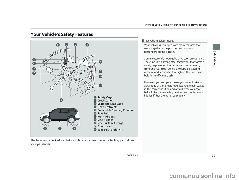 HONDA PILOT 2018  Owners Manual (in English) 35
uuFor Safe Driving uYour Vehicle’s Safety Features
Continued
Safe Driving
Your Vehicle’s Safety Features
The following checklist will help you take an active role in protecting yourself and 
yo