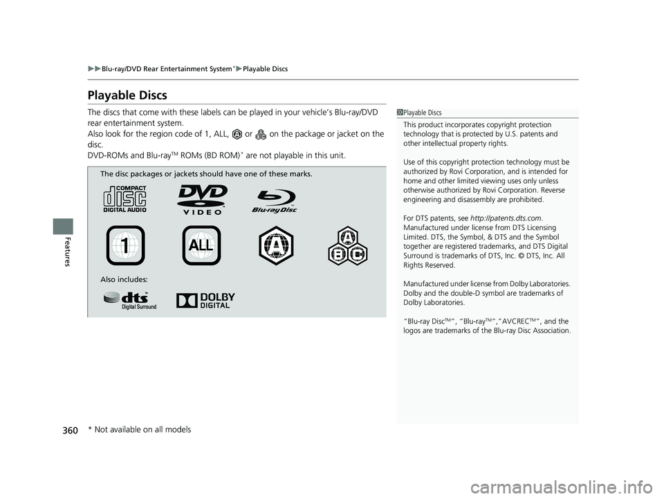HONDA PILOT 2018 Owners Manual (in English) 360
uuBlu-ray/DVD Rear Entertainment System*uPlayable Discs
Features
Playable Discs
The discs that come with these labels can be played in your vehicle’s Blu-ray/DVD
rear entertainment system.
Als HONDA PILOT 2018 Owners Manual (in English) 360
uuBlu-ray/DVD Rear Entertainment System*uPlayable Discs
Features
Playable Discs
The discs that come with these labels can be played in your vehicle’s Blu-ray/DVD
rear entertainment system.
Als