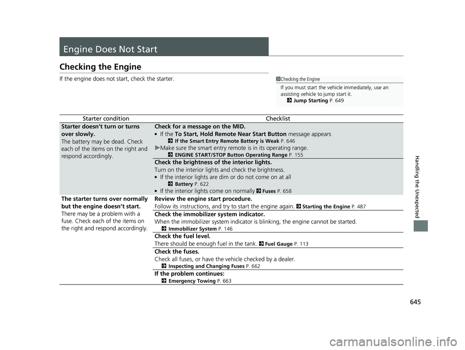 HONDA PILOT 2018  Owners Manual (in English) 645
Handling the Unexpected
Engine Does Not Start
Checking the Engine
If the engine does not start, check the starter.
Starter conditionChecklist
Starter doesn’t turn or turns 
over slowly.
The batt