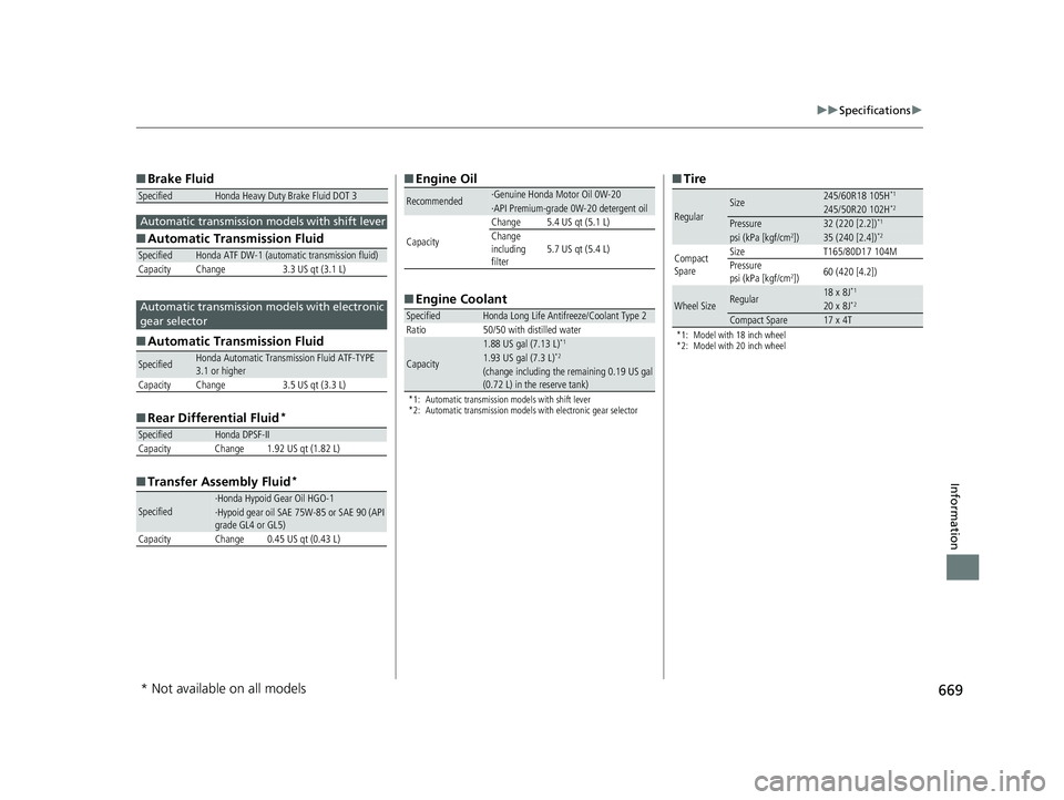 HONDA PILOT 2018  Owners Manual (in English) 669
uuSpecifications u
Information
■Brake Fluid
■ Automatic Transmission Fluid
■ Automatic Transmission Fluid
■ Rear Differential Fluid
*
■Transfer Assembly Fluid*
SpecifiedHonda Heavy Duty 