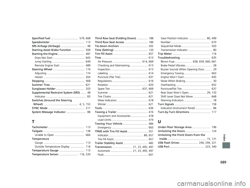 HONDA PILOT 2018  Owners Manual (in English) 689
Index
Specified Fuel...................................  579, 668
Speedometer ............................................  113
SRS Airbags (Airbags) ................................  48
Starting 