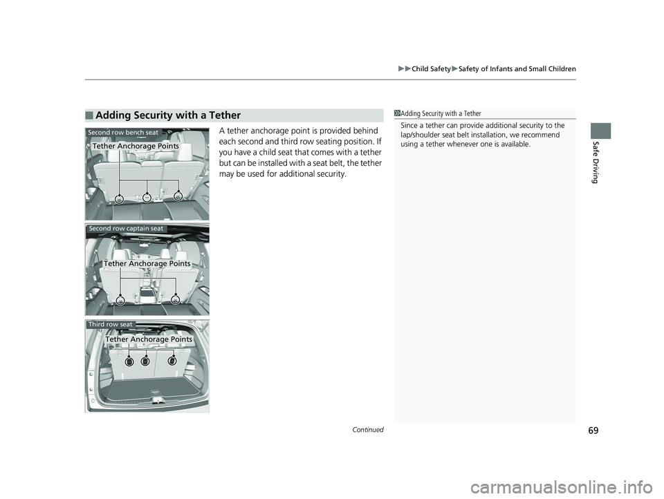 HONDA PILOT 2018   (in English) Manual PDF Continued69
uuChild Safety uSafety of Infants and Small Children
Safe DrivingA tether anchorage point is provided behind 
each second and third row seating position. If 
you have a child seat that com