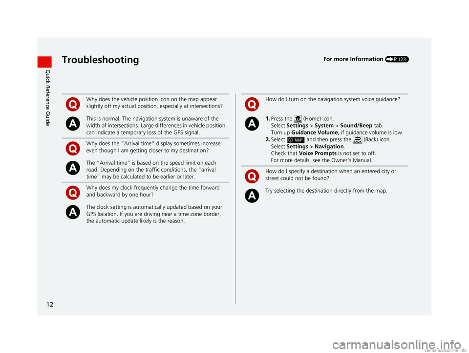 HONDA PILOT 2018 Navigation Manual (in English) 12
Quick Reference GuideTroubleshootingFor more Information (P123)
Why does the vehicle position icon on the map appear
slightly off my actual position, especially at intersections?
This is normal. T HONDA PILOT 2018 Navigation Manual (in English) 12
Quick Reference GuideTroubleshootingFor more Information (P123)
Why does the vehicle position icon on the map appear
slightly off my actual position, especially at intersections?
This is normal. T