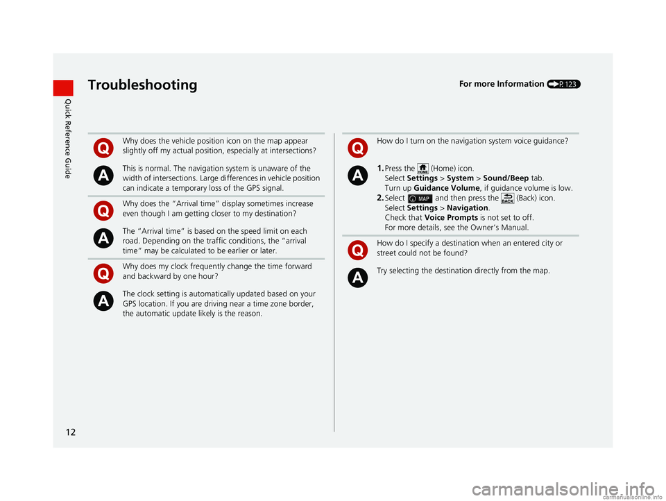 HONDA PILOT 2018  Navigation Manual (in English) 12
Quick Reference GuideTroubleshootingFor more Information (P123)
Why does the vehicle position icon on the map appear 
slightly off my actual position, especially at intersections?
This is normal. T