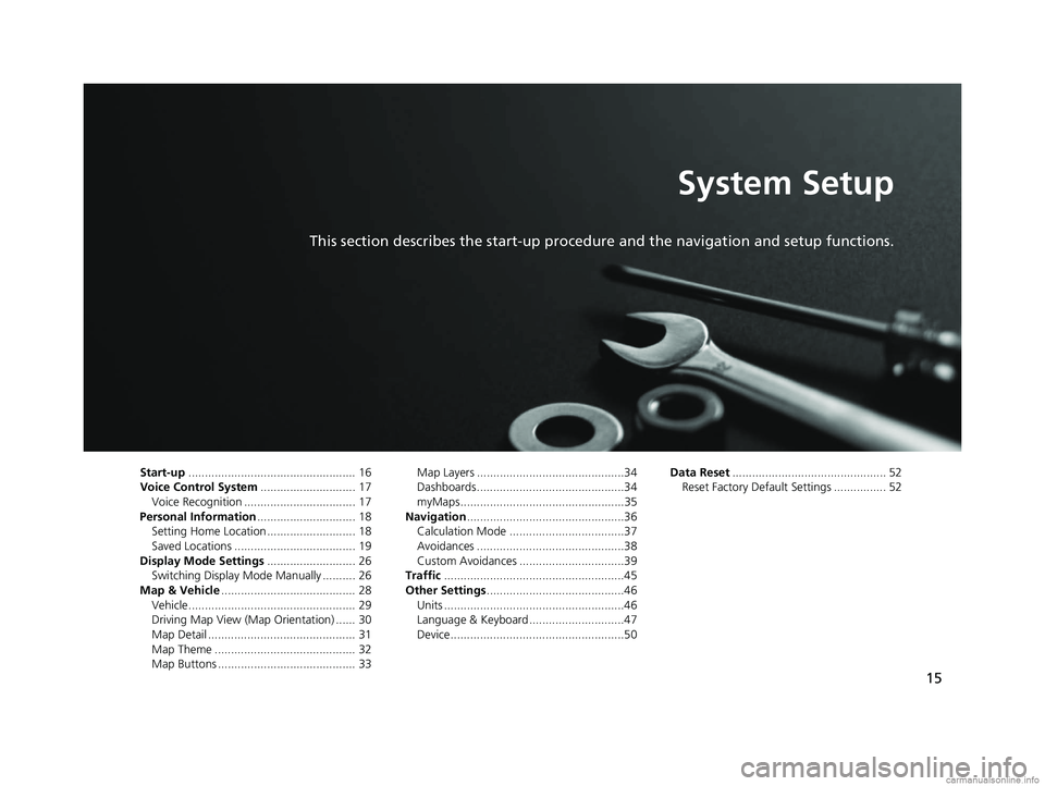 HONDA PILOT 2018  Navigation Manual (in English) 15
System Setup
This section describes the start-up procedure and the navigation and setup functions.
Start-up................................................... 16
Voice Control System ..............