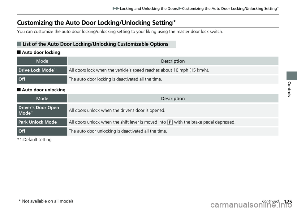 HONDA RIDGELINE 2018 Owners Manual (in English) 125
uuLocking and Unlocking the Doors uCustomizing the Auto Door Locking/Unlocking Setting*
Continued
Controls
Customizing the Auto Door Locking/Unlocking Setting*
You can customize the auto door loc HONDA RIDGELINE 2018 Owners Manual (in English) 125
uuLocking and Unlocking the Doors uCustomizing the Auto Door Locking/Unlocking Setting*
Continued
Controls
Customizing the Auto Door Locking/Unlocking Setting*
You can customize the auto door loc