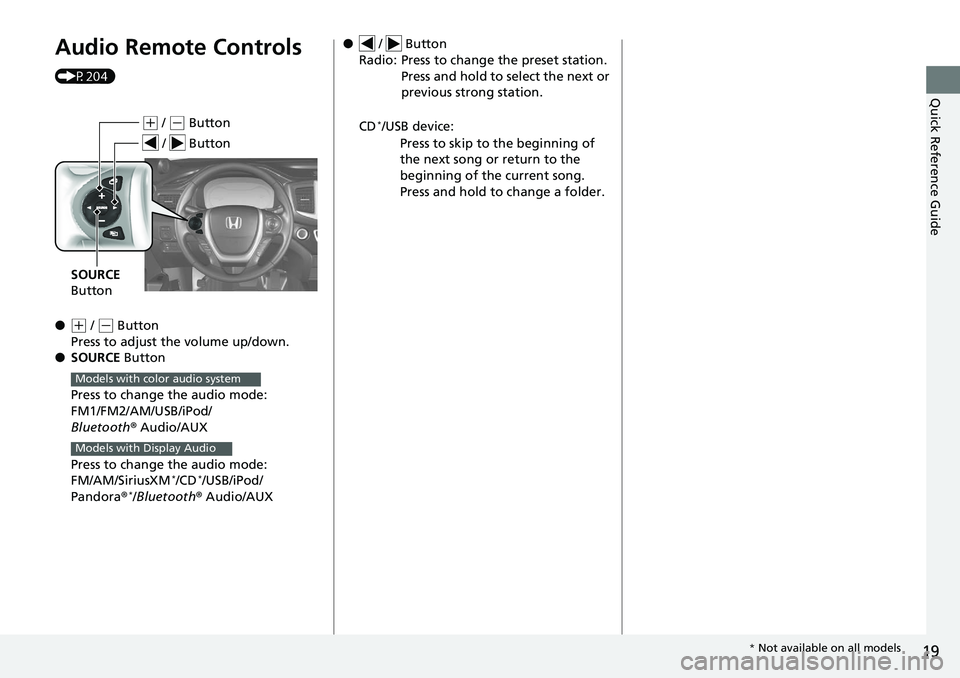 HONDA RIDGELINE 2018 (in English) Owners Guide 19
Quick Reference Guide
Audio Remote Controls
(P204)
●
(+ / (- Button
Press to adjust the volume up/down.
● SOURCE Button
Press to change the audio mode:
FM1/FM2/AM/USB/iPod/
Bluetooth ® Audio HONDA RIDGELINE 2018 (in English) Owners Guide 19
Quick Reference Guide
Audio Remote Controls
(P204)
●
(+ / (- Button
Press to adjust the volume up/down.
● SOURCE Button
Press to change the audio mode:
FM1/FM2/AM/USB/iPod/
Bluetooth ® Audio