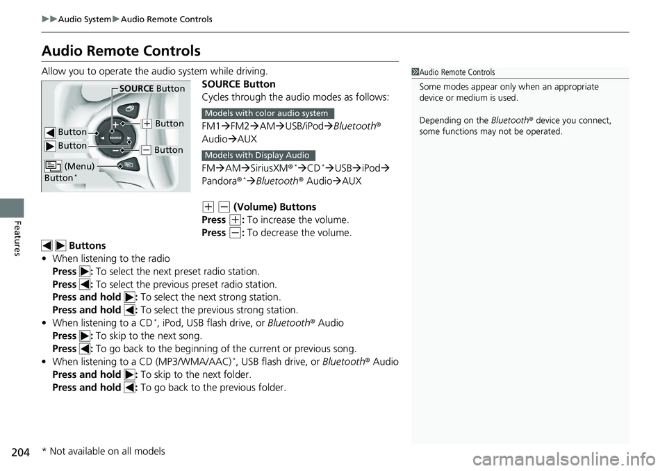 HONDA RIDGELINE 2018  Owners Manual (in English) 204
uuAudio System uAudio Remote Controls
Features
Audio Remote Controls
Allow you to operate the a udio system while driving.
SOURCE Button
Cycles through the audio modes as follows:
FM1FM2 AM 