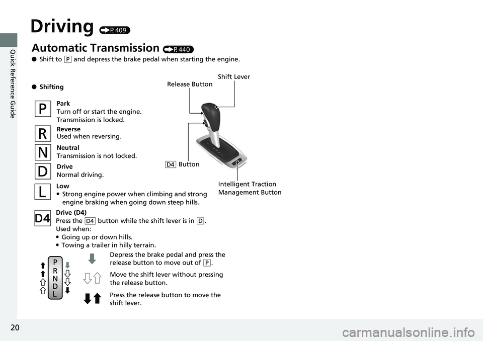 HONDA RIDGELINE 2018 (in English) Owners Guide 20
Quick Reference Guide
Driving (P409)
Release Button
Depress the brake pedal and press the
release button to move out of
( P.
Move the shift lever without pressing
the release button.
Press the r HONDA RIDGELINE 2018 (in English) Owners Guide 20
Quick Reference Guide
Driving (P409)
Release Button
Depress the brake pedal and press the
release button to move out of
( P.
Move the shift lever without pressing
the release button.
Press the r