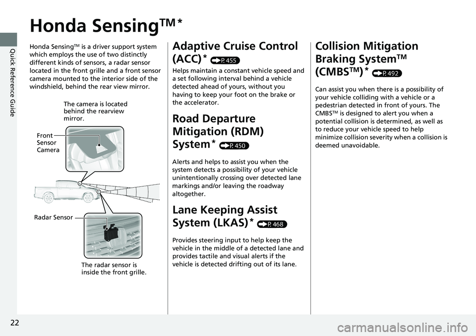 HONDA RIDGELINE 2018 Owners Manual (in English) 22
Quick Reference Guide
Honda SensingTM *
Honda SensingTM is a driver support system
which employs the use of two distinctly
different kinds of sensors, a radar sensor
located in the front grille HONDA RIDGELINE 2018 Owners Manual (in English) 22
Quick Reference Guide
Honda SensingTM *
Honda SensingTM is a driver support system
which employs the use of two distinctly
different kinds of sensors, a radar sensor
located in the front grille