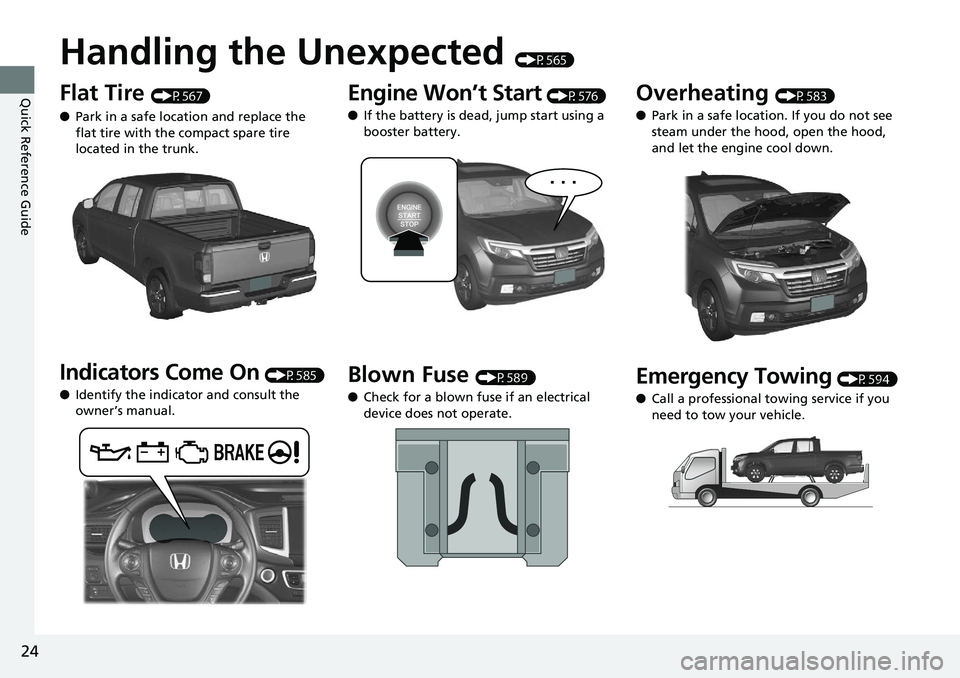 HONDA RIDGELINE 2018 (in English) Owners Guide 24
Quick Reference Guide
Handling the Unexpected (P565)
Flat Tire (P567)
● Park in a safe location and replace the
flat tire with the compact spare tire
located in the trunk.
Indicators Come On (P HONDA RIDGELINE 2018 (in English) Owners Guide 24
Quick Reference Guide
Handling the Unexpected (P565)
Flat Tire (P567)
● Park in a safe location and replace the
flat tire with the compact spare tire
located in the trunk.
Indicators Come On (P