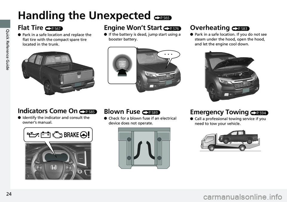 HONDA RIDGELINE 2018   (in English) Owners Guide 24
Quick Reference Guide
Handling the Unexpected (P565)
Flat Tire (P567)
● Park in a safe location and replace the 
flat tire with the compact spare tire 
located in the trunk.
Indicators Come On (P