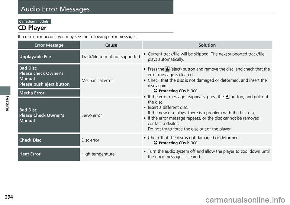 HONDA RIDGELINE 2018  Owners Manual (in English) 294
Features
Audio Error Messages
CD Player
If a disc error occurs, you may see the following error messages.
Error MessageCauseSolution
Unplayable FileTrack/file format not supported●Current track/