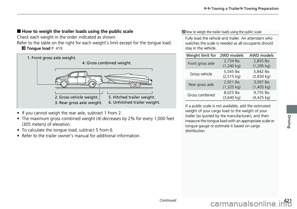 HONDA RIDGELINE 2018  Owners Manual (in English) Continued421
uuTowing a Trailer uTowing Preparation
Driving
■How to weigh the trailer load s using the public scale
Check each weight in the order indicated as shown.
Refer to the table on the right