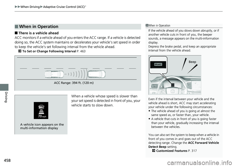 HONDA RIDGELINE 2018  Owners Manual (in English) uuWhen Driving uAdaptive Cruise Control (ACC)*
458
Driving
■There is a vehicle ahead
ACC monitors if a vehicle ahead of you enters  the ACC range. If a vehicle is detected 
doing so, the ACC system 