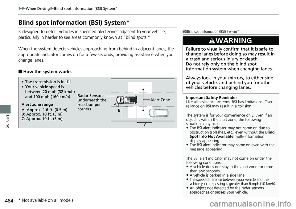 HONDA RIDGELINE 2018 (in English) Service Manual 484
uuWhen Driving uBlind spot information (BSI) System*
Driving
Blind spot information (BSI) System*
Is designed to detect vehicles in specified alert zones adjacent to your vehicle,
particularly in HONDA RIDGELINE 2018 (in English) Service Manual 484
uuWhen Driving uBlind spot information (BSI) System*
Driving
Blind spot information (BSI) System*
Is designed to detect vehicles in specified alert zones adjacent to your vehicle,
particularly in