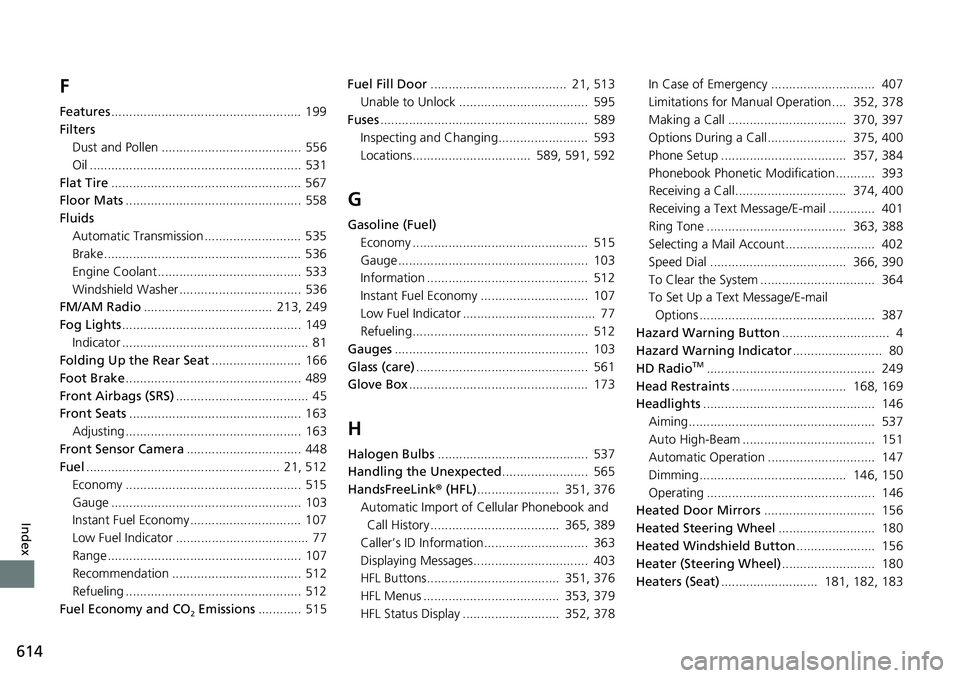 HONDA RIDGELINE 2018  Owners Manual (in English) 614
Index
F
Features..................................................... 199
Filters Dust and Pollen ....................................... 556
Oil ..................................................