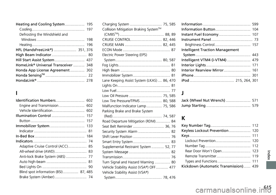HONDA RIDGELINE 2018  Owners Manual (in English) 615
Index
Heating and Cooling System...................  195
Cooling...................................................  197
Defrosting the Windshield and  Windows ....................................