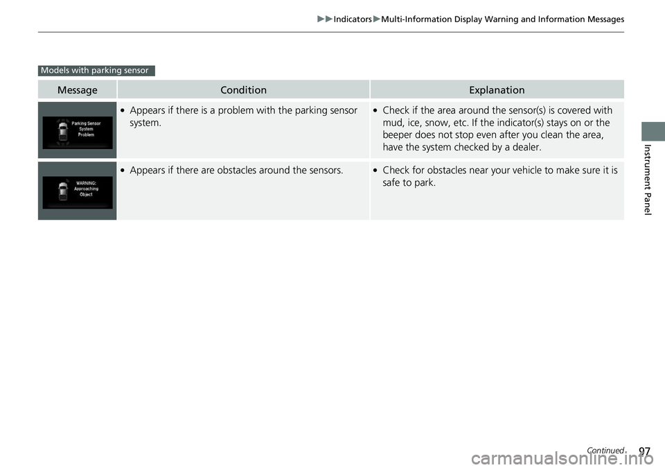 HONDA RIDGELINE 2018 (in English) User Guide 97
uuIndicators uMulti-Information Display Warning and Information Messages
Continued
Instrument Panel
MessageConditionExplanation
●Appears if there is a problem with the parking sensor
system.●C HONDA RIDGELINE 2018 (in English) User Guide 97
uuIndicators uMulti-Information Display Warning and Information Messages
Continued
Instrument Panel
MessageConditionExplanation
●Appears if there is a problem with the parking sensor
system.●C