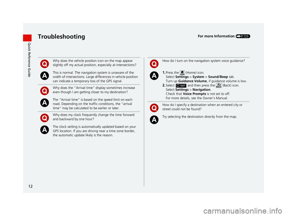 HONDA RIDGELINE 2018 Navigation Manual (in English) 12
Quick Reference GuideTroubleshootingFor more Information (P123)
Why does the vehicle position icon on the map appear
slightly off my actual position, especially at intersections?
This is normal. T HONDA RIDGELINE 2018 Navigation Manual (in English) 12
Quick Reference GuideTroubleshootingFor more Information (P123)
Why does the vehicle position icon on the map appear
slightly off my actual position, especially at intersections?
This is normal. T