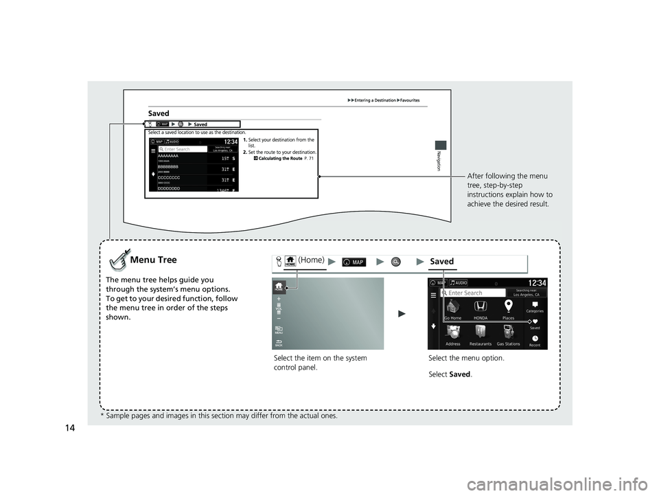 HONDA RIDGELINE 2018 Navigation Manual (in English) 14
Select the item on the system
control panel.
Menu Tree
The menu tree helps guide you
through the system’s menu options.
To get to your desired function, follow
the menu tree in order of the st HONDA RIDGELINE 2018 Navigation Manual (in English) 14
Select the item on the system
control panel.
Menu Tree
The menu tree helps guide you
through the system’s menu options.
To get to your desired function, follow
the menu tree in order of the st