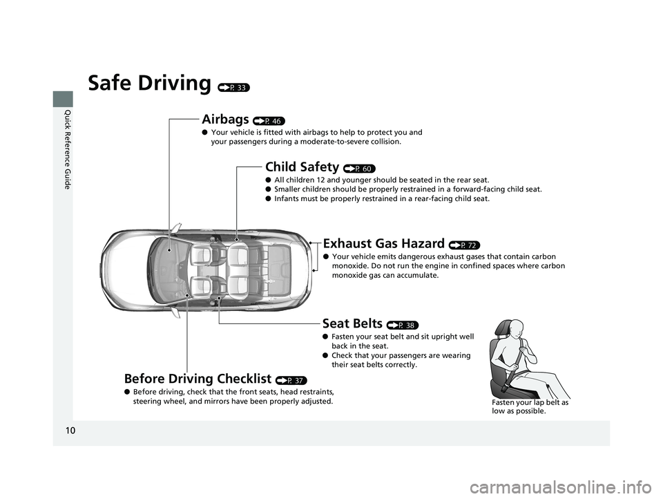 HONDA CIVIC SEDAN 2017   (in English) User Guide 10
Quick Reference Guide
Safe Driving (P 33)
Airbags (P 46)
● Your vehicle is fitted with airbags to help to protect you and 
your passengers during a moderate-to-severe collision.
Child Safety (P 6