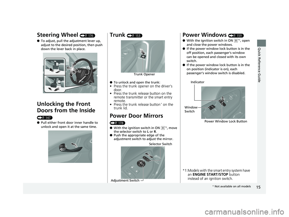 HONDA CIVIC SEDAN 2017   (in English) User Guide 15
Quick Reference Guide
Steering Wheel (P 176)
● To adjust, pull the adjustment lever up, 
adjust to the desired position, then push 
down the lever back in place.
Unlocking the Front 
Doors from t