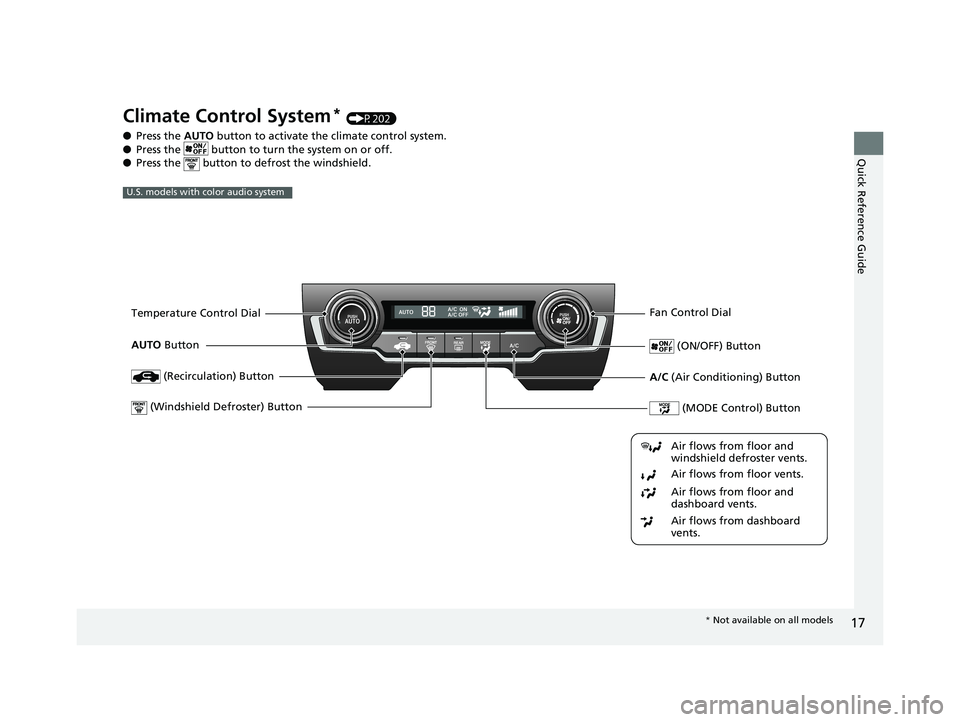 HONDA CIVIC SEDAN 2017   (in English) User Guide 17
Quick Reference Guide
Climate Control System* (P202)
● Press the  AUTO button to activate th e climate control system.
● Press the   button to tu rn the system on or off.
● Press the   button