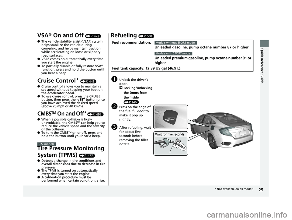 HONDA CIVIC SEDAN 2017 (in English) Owners Guide 25
Quick Reference Guide
VSA® On and Off (P 472)
● The vehicle stability assist (VSA ®) system
helps stabilize the vehicle during
cornering, and helps maintain traction
while accelerating on lo HONDA CIVIC SEDAN 2017 (in English) Owners Guide 25
Quick Reference Guide
VSA® On and Off (P 472)
● The vehicle stability assist (VSA ®) system
helps stabilize the vehicle during
cornering, and helps maintain traction
while accelerating on lo