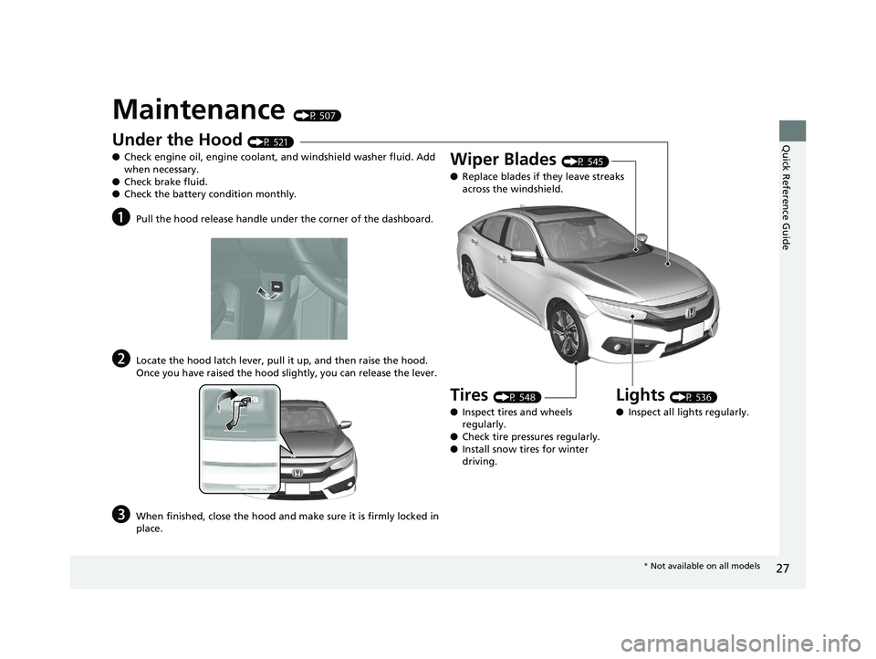 HONDA CIVIC SEDAN 2017 (in English) Owners Guide 27
Quick Reference Guide
Maintenance (P 507)
Under the Hood (P 521)
● Check engine oil, engine coolant, and windshield washer fluid. Add
when necessary.
● Check brake fluid.
● Check the battery HONDA CIVIC SEDAN 2017 (in English) Owners Guide 27
Quick Reference Guide
Maintenance (P 507)
Under the Hood (P 521)
● Check engine oil, engine coolant, and windshield washer fluid. Add
when necessary.
● Check brake fluid.
● Check the battery