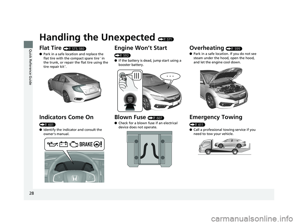 HONDA CIVIC SEDAN 2017 (in English) Owners Guide 28
Quick Reference Guide
Handling the Unexpected (P 571)
Flat Tire (P 573, 580)
● Park in a safe location and replace the
flat tire with the compact spare tire
* in
the trunk, or repair the flat t HONDA CIVIC SEDAN 2017 (in English) Owners Guide 28
Quick Reference Guide
Handling the Unexpected (P 571)
Flat Tire (P 573, 580)
● Park in a safe location and replace the
flat tire with the compact spare tire
* in
the trunk, or repair the flat t