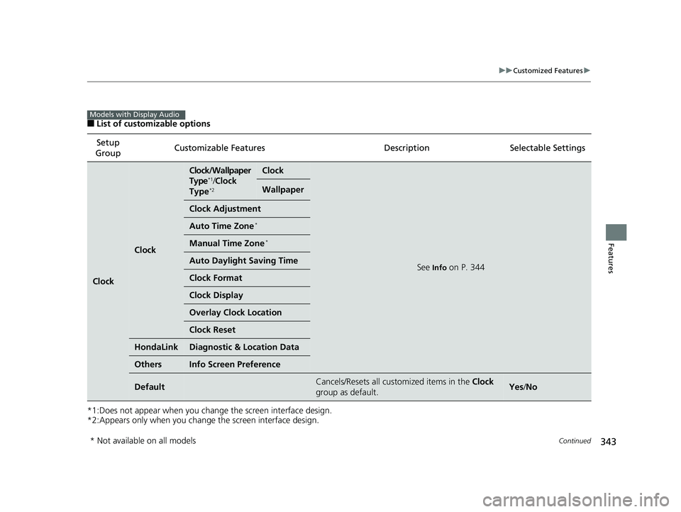 HONDA CIVIC SEDAN 2017 Owners Manual (in English) 343
uuCustomized Features u
Continued
Features
■List of customizable options
*1:Does not appear when you chan ge the screen interface design.
*2:Appears only when you change the screen interface des HONDA CIVIC SEDAN 2017 Owners Manual (in English) 343
uuCustomized Features u
Continued
Features
■List of customizable options
*1:Does not appear when you chan ge the screen interface design.
*2:Appears only when you change the screen interface des