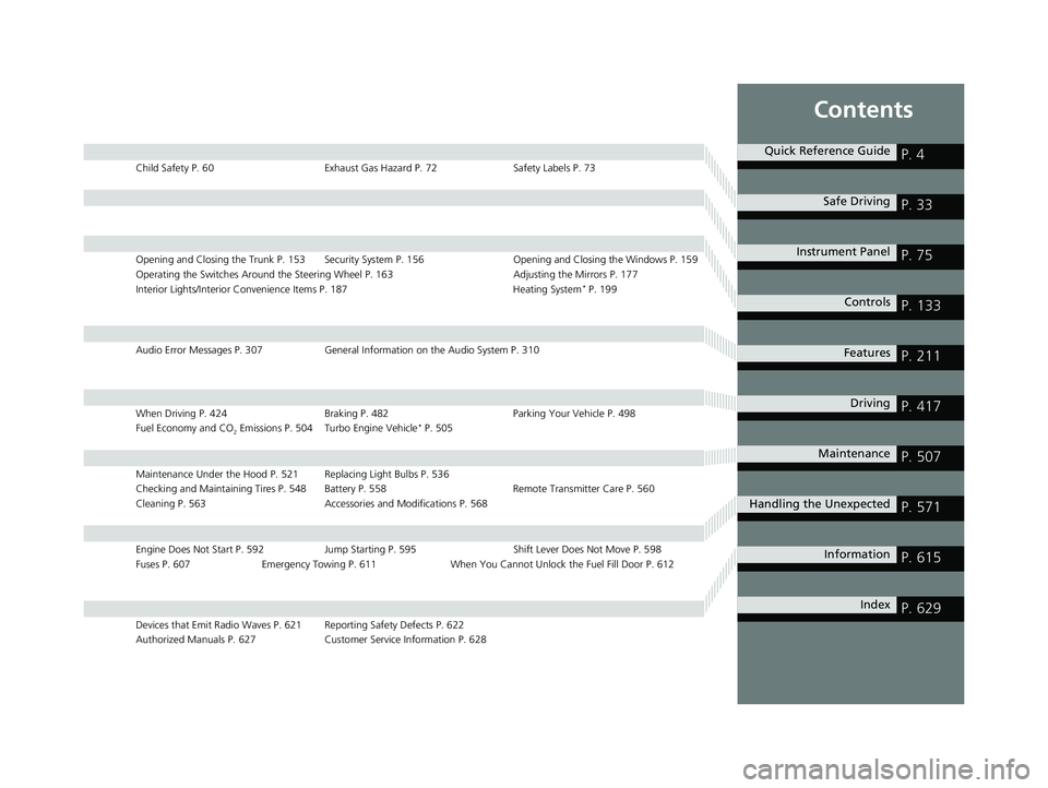 HONDA CIVIC SEDAN 2017  Owners Manual (in English) Contents
Child Safety P. 60Exhaust Gas Hazard P. 72Safety Labels P. 73
Opening and Closing the Trunk P. 153 Security System P. 156 Opening and Closing the Windows P. 159
Operating the Switches Around 