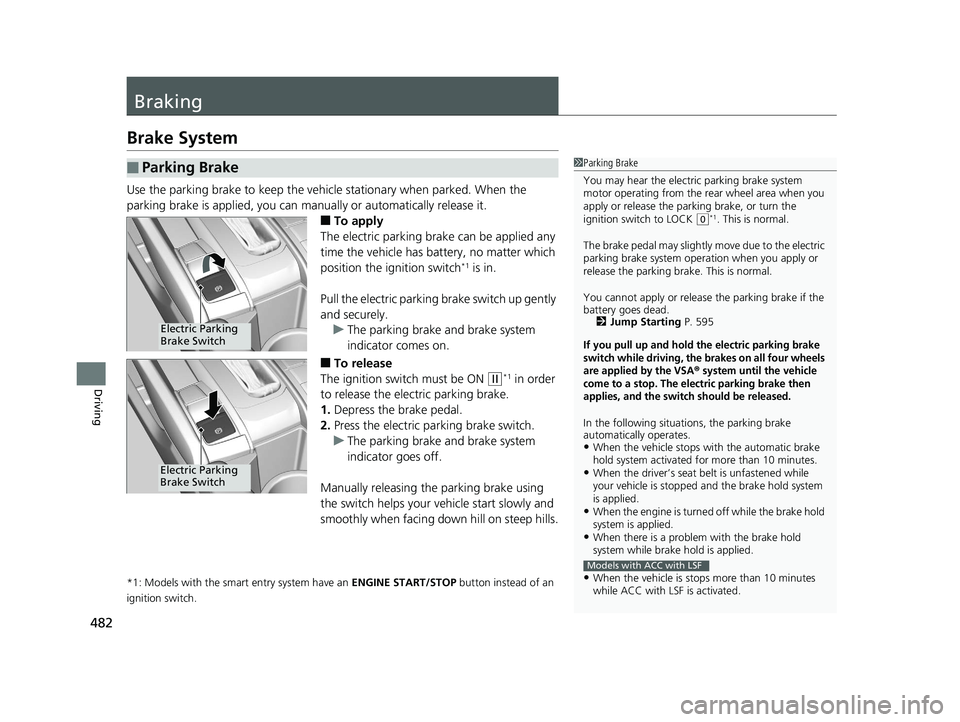HONDA CIVIC SEDAN 2017 Owners Manual (in English) 482
Driving
Braking
Brake System
Use the parking brake to keep the vehicle stationary when parked. When the
parking brake is applied, you can ma nually or automatically release it.
■To apply
The el HONDA CIVIC SEDAN 2017 Owners Manual (in English) 482
Driving
Braking
Brake System
Use the parking brake to keep the vehicle stationary when parked. When the
parking brake is applied, you can ma nually or automatically release it.
■To apply
The el