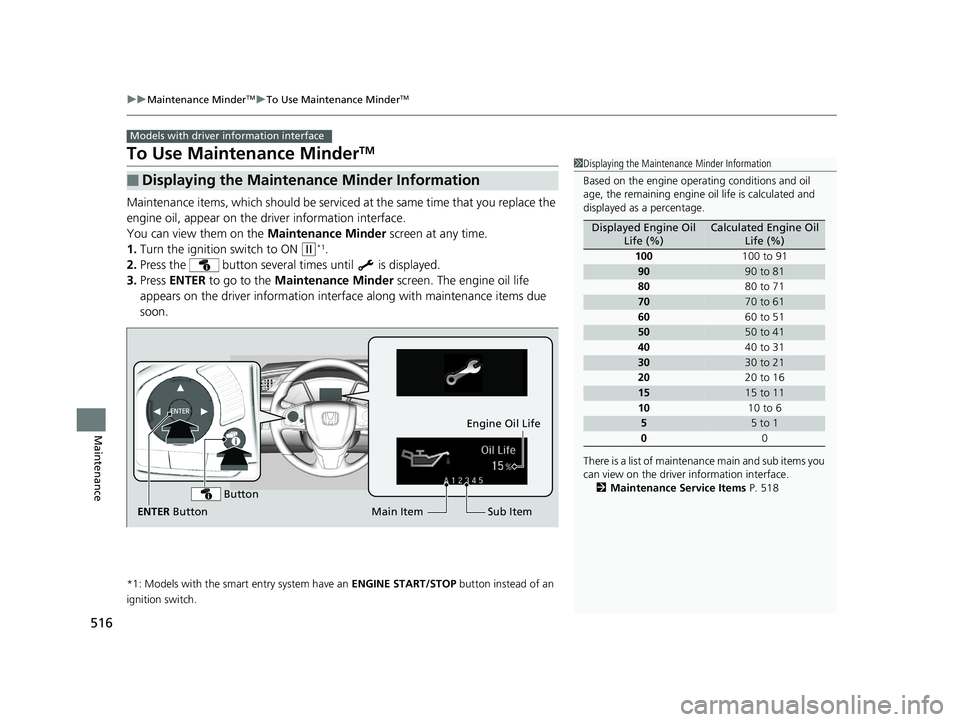 HONDA CIVIC SEDAN 2017 Owners Manual (in English) 516
uuMaintenance MinderTMuTo Use Maintenance MinderTM
Maintenance
To Use Maintenance MinderTM
Maintenance items, which should be serviced at the same time that you replace the
engine oil, appear on HONDA CIVIC SEDAN 2017 Owners Manual (in English) 516
uuMaintenance MinderTMuTo Use Maintenance MinderTM
Maintenance
To Use Maintenance MinderTM
Maintenance items, which should be serviced at the same time that you replace the
engine oil, appear on