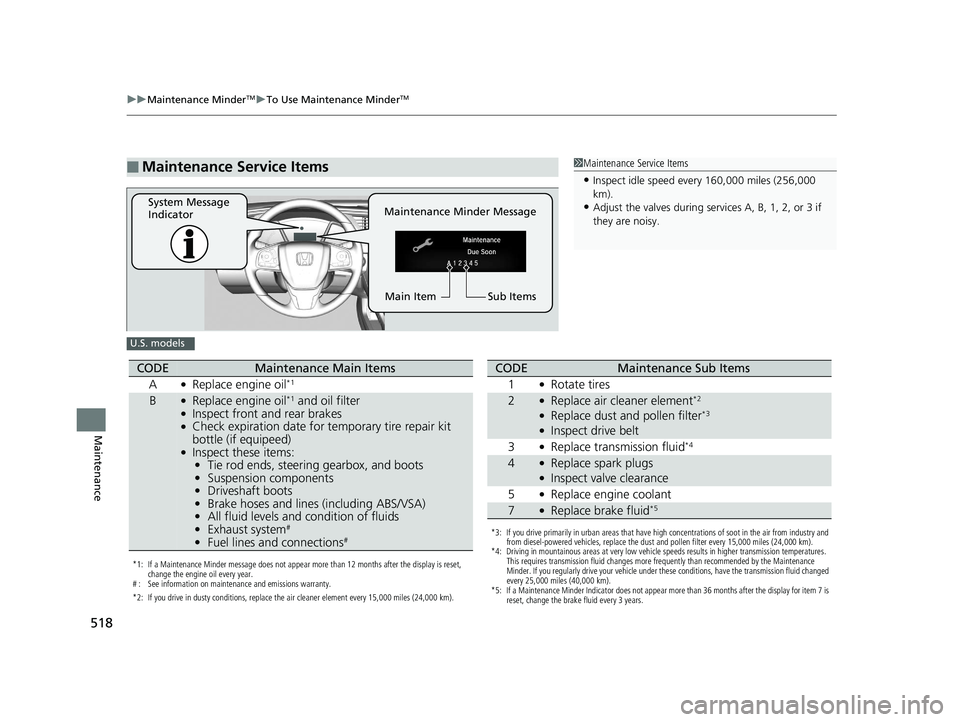 HONDA CIVIC SEDAN 2017  Owners Manual (in English) 518
uuMaintenance MinderTMuTo Use Maintenance MinderTM
Maintenance
■Maintenance Service Items1Maintenance Service Items
•Inspect idle speed every 160,000 miles (256,000 
km).
•Adjust the valves 