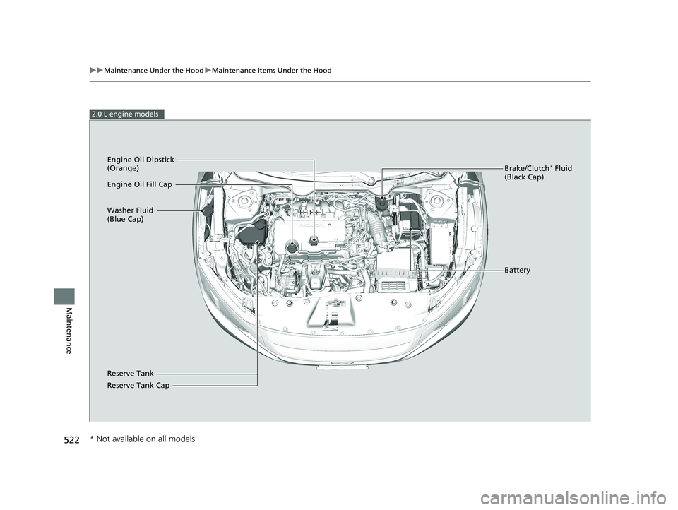 HONDA CIVIC SEDAN 2017 Owners Manual (in English) 522
uuMaintenance Under the Hood uMaintenance Items Under the Hood
Maintenance
2.0 L engine models
Brake/Clutch* Fluid
(Black Cap)
Reserve Tank Washer Fluid
(Blue Cap) Engine Oil Dipstick
(Orange)
HONDA CIVIC SEDAN 2017 Owners Manual (in English) 522
uuMaintenance Under the Hood uMaintenance Items Under the Hood
Maintenance
2.0 L engine models
Brake/Clutch* Fluid
(Black Cap)
Reserve Tank Washer Fluid
(Blue Cap) Engine Oil Dipstick
(Orange)