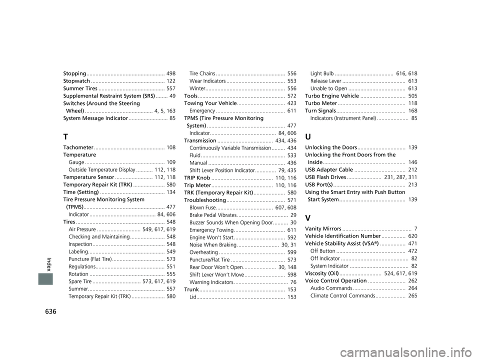 HONDA CIVIC SEDAN 2017 Owners Manual (in English) 636
Index
Stopping.................................................... 498
Stopwatch ................................................. 122
Summer Tires ............................................ 557 HONDA CIVIC SEDAN 2017 Owners Manual (in English) 636
Index
Stopping.................................................... 498
Stopwatch ................................................. 122
Summer Tires ............................................ 557