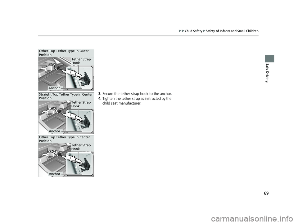 HONDA CIVIC SEDAN 2017 (in English) Manual PDF 69
uuChild Safety uSafety of Infants and Small Children
Safe Driving
3. Secure the tether strap hook to the anchor.
4. Tighten the tether strap as instructed by the
child seat manufacturer.
Other To HONDA CIVIC SEDAN 2017 (in English) Manual PDF 69
uuChild Safety uSafety of Infants and Small Children
Safe Driving
3. Secure the tether strap hook to the anchor.
4. Tighten the tether strap as instructed by the
child seat manufacturer.
Other To