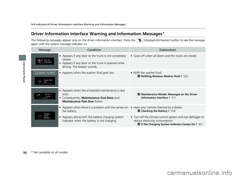 HONDA CIVIC SEDAN 2017 (in English) Owners Manual 96
uuIndicators uDriver Information Interface Wa rning and Information Messages*
Instrument Panel
Driver Information Interface Warning and Information Messages*
The following messages appear only on t HONDA CIVIC SEDAN 2017 (in English) Owners Manual 96
uuIndicators uDriver Information Interface Wa rning and Information Messages*
Instrument Panel
Driver Information Interface Warning and Information Messages*
The following messages appear only on t