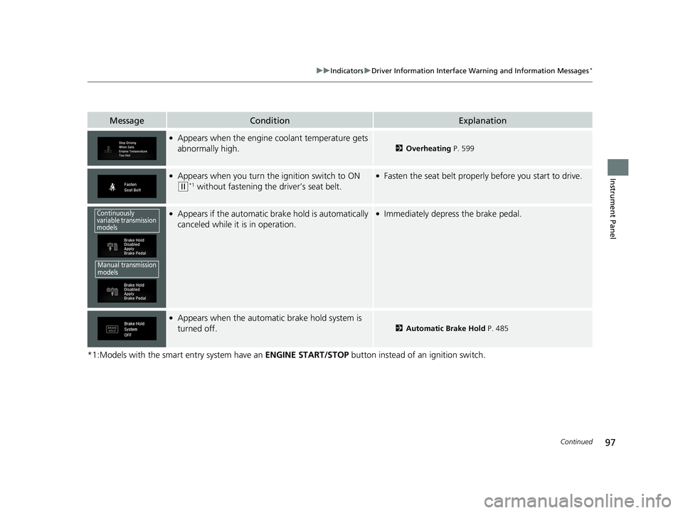 HONDA CIVIC SEDAN 2017  Owners Manual (in English) 97
uuIndicators uDriver Information Interface Wa rning and Information Messages*
Continued
Instrument Panel
*1:Models with the smart entry system have an  ENGINE START/STOP button instead of an igniti