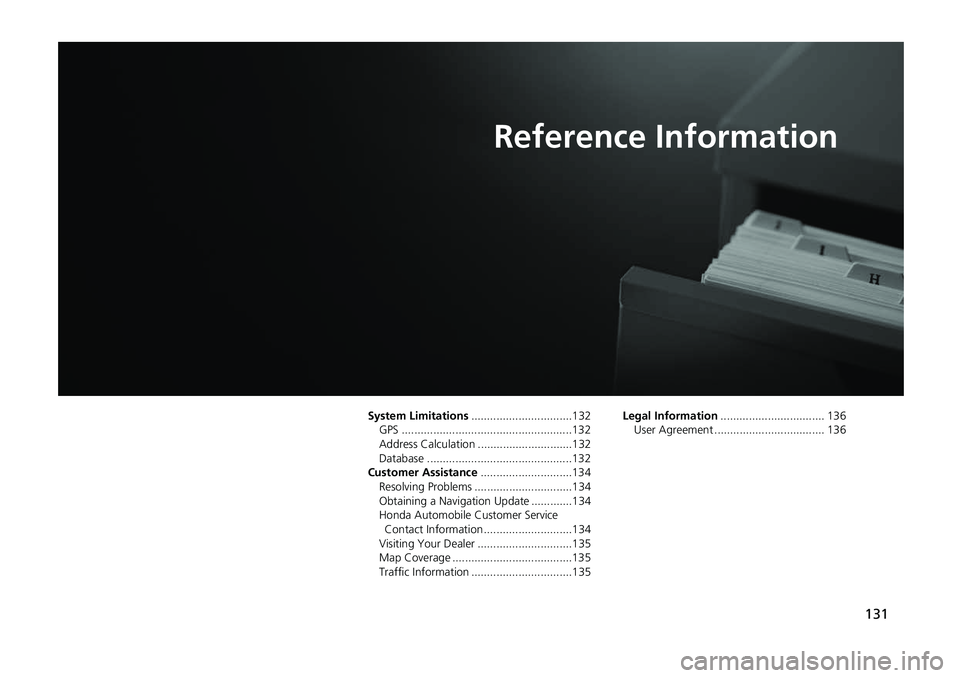 HONDA CIVIC SEDAN 2017 Navigation Manual (in English) 131
Reference Information
System Limitations................................132
GPS ......................................................132
Address Calculation ..............................132
Data HONDA CIVIC SEDAN 2017 Navigation Manual (in English) 131
Reference Information
System Limitations................................132
GPS ......................................................132
Address Calculation ..............................132
Data