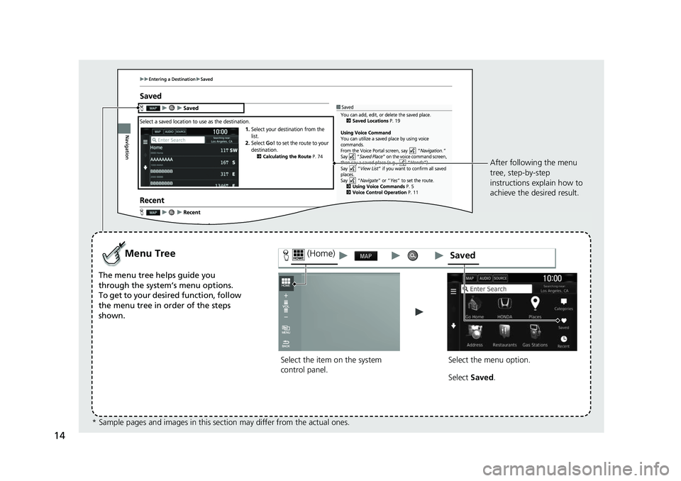 HONDA CIVIC SEDAN 2017 Navigation Manual (in English) 14
Select the item on the system
control panel.
Menu Tree
The menu tree helps guide you
through the system’s menu options.
To get to your desired function, follow
the menu tree in order of the st HONDA CIVIC SEDAN 2017 Navigation Manual (in English) 14
Select the item on the system
control panel.
Menu Tree
The menu tree helps guide you
through the system’s menu options.
To get to your desired function, follow
the menu tree in order of the st