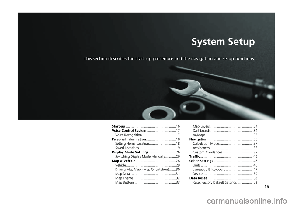 HONDA CIVIC SEDAN 2017 Navigation Manual (in English) 15
System Setup
This section describes the start-up procedure and the navigation and setup functions.
Start-up....................................................16
Voice Control System .............. HONDA CIVIC SEDAN 2017 Navigation Manual (in English) 15
System Setup
This section describes the start-up procedure and the navigation and setup functions.
Start-up....................................................16
Voice Control System ..............