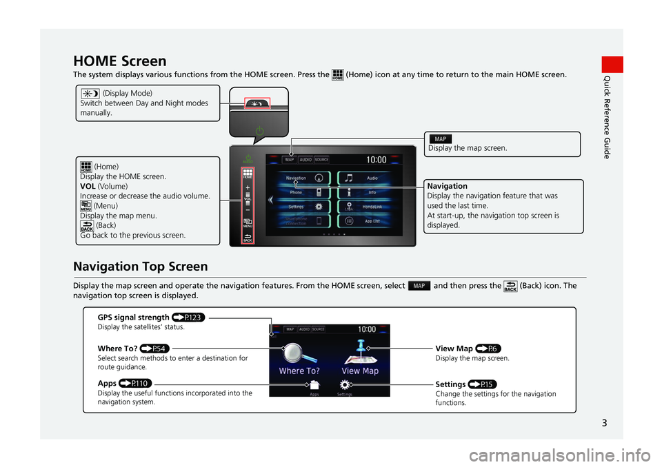 HONDA CIVIC SEDAN 2017  Navigation Manual (in English) 3
Quick Reference GuideHOME Screen   The system displays various functions from the HOME screen. Press the   (Home) icon at an y time to return to the main HOME screen.
Navigation Top Screen
Display t