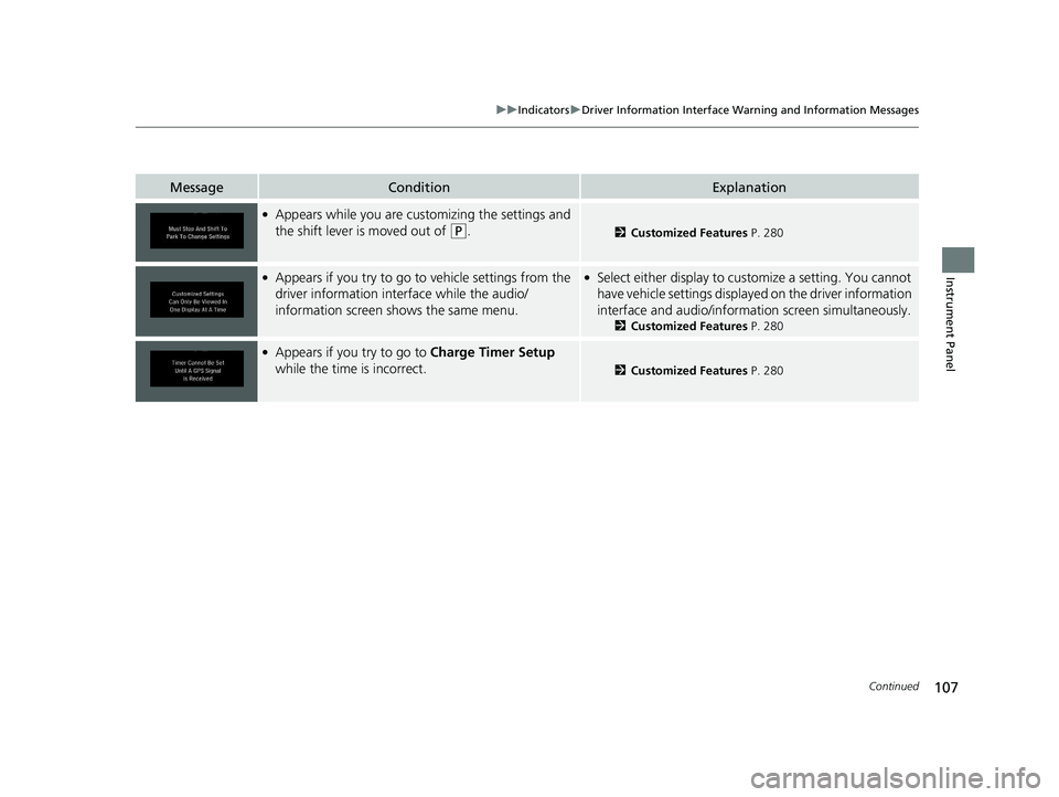 HONDA CLARITY ELECTRIC 2017  Owners Manual (in English) 107
uuIndicators uDriver Information Interface Wa rning and Information Messages
Continued
Instrument Panel
MessageConditionExplanation
●Appears while you are customizing the settings and 
the shift